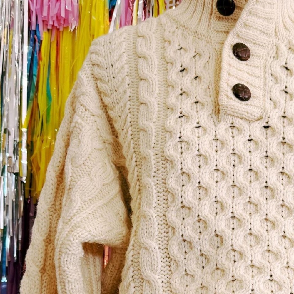 L.L.Bean wool cream cable knit sweater with buttons - Picture 2 of 4